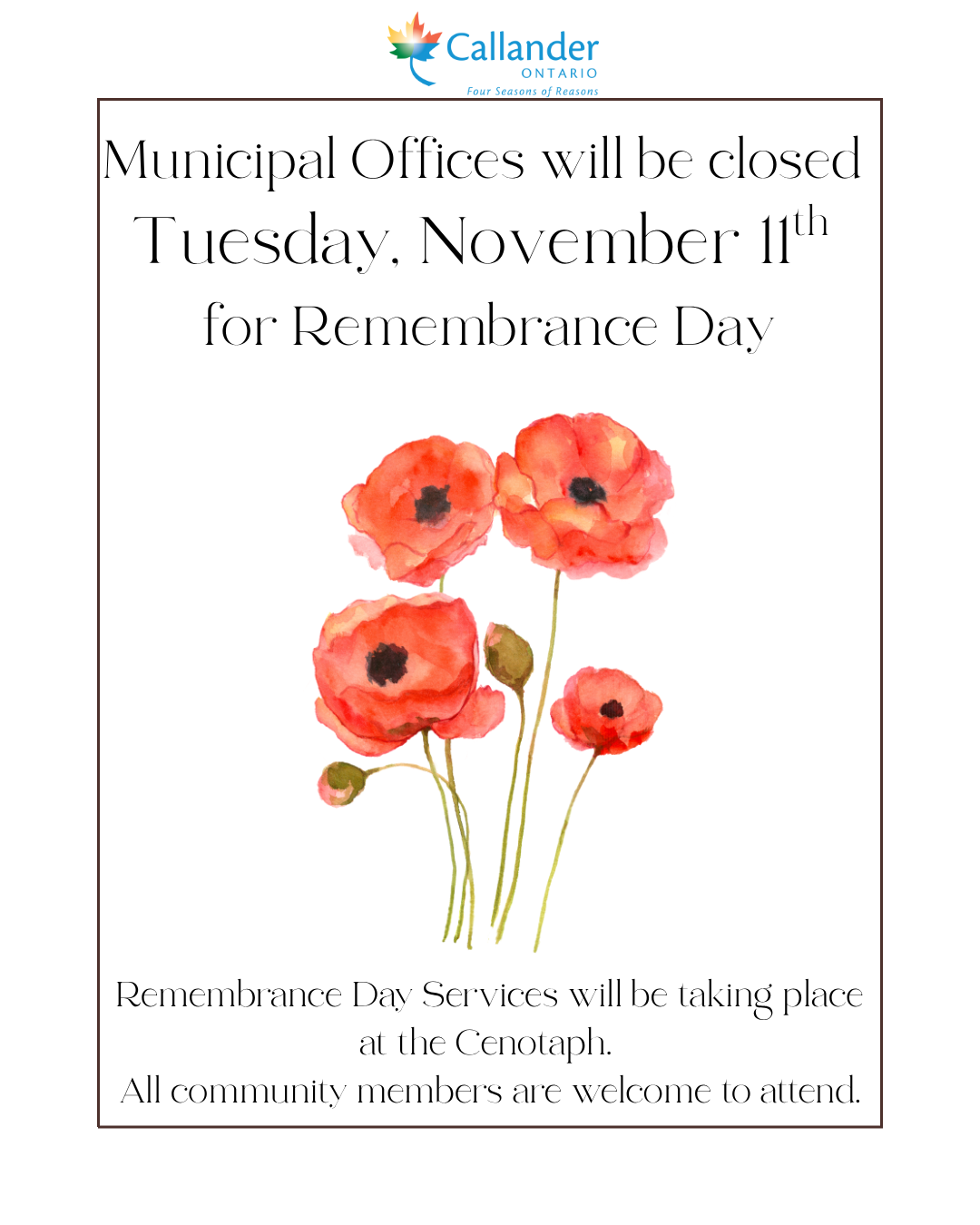 Municipal Offices closed for Remembrance Day